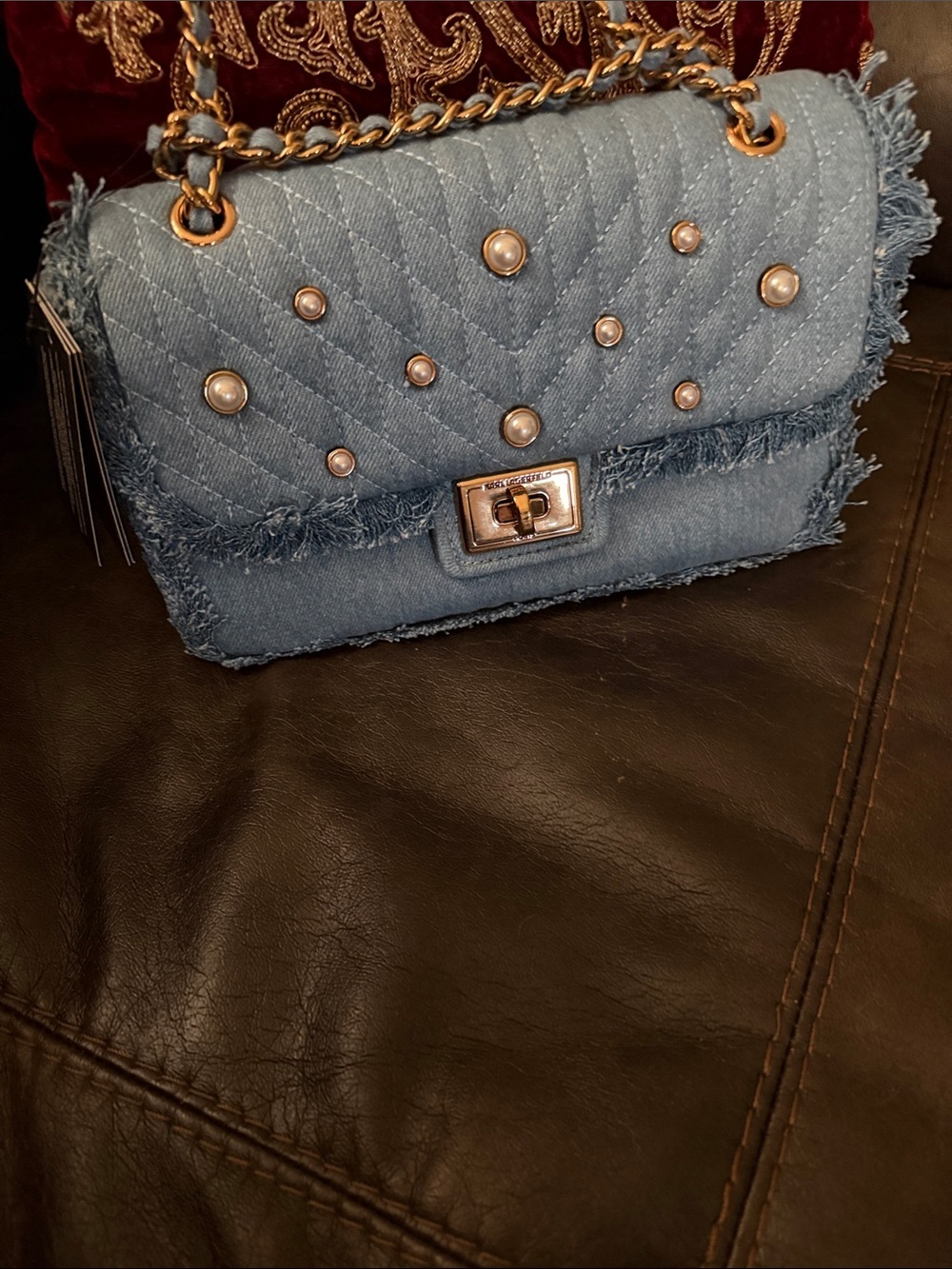 Karl Lagerfield Paris Agyness Quilted Denim Pearl-Stud Shoulder Bag - Blue - Picture 3 of 4